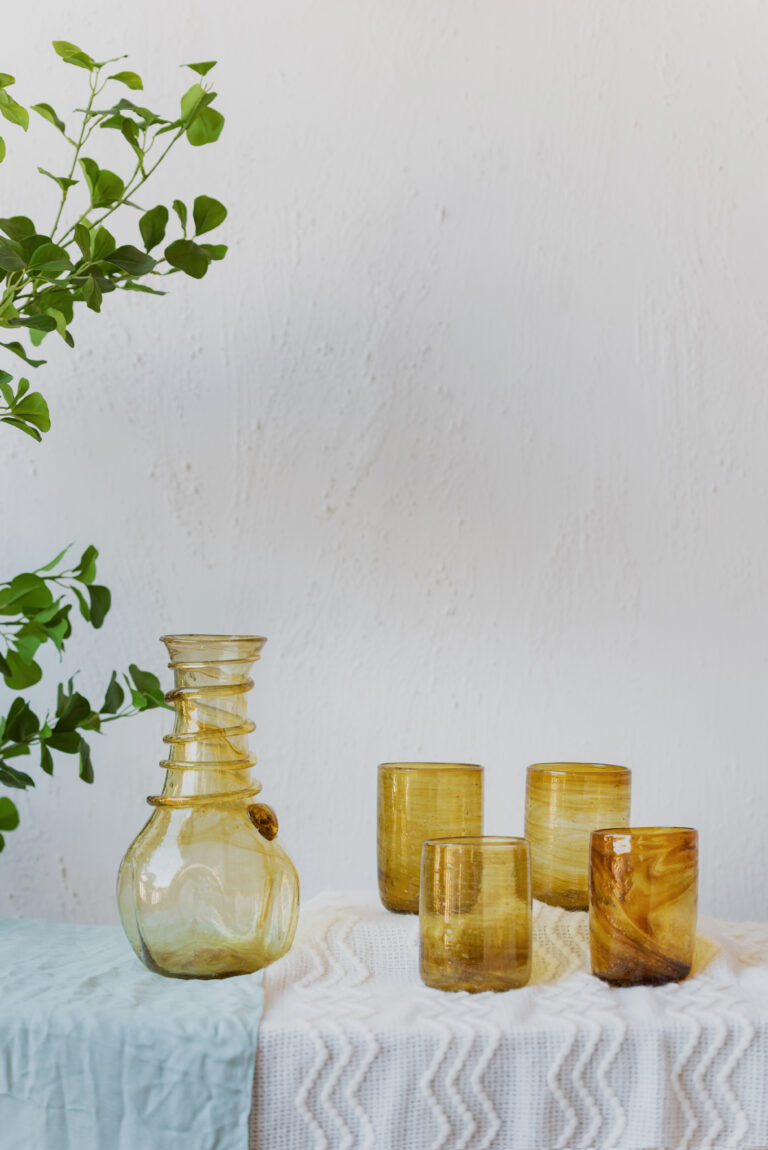 Hand blown glass ware hospitality Rooted in the heritage of traditional Middle Eastern glassmaking.