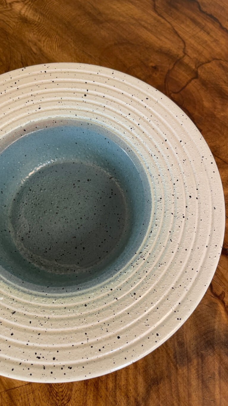 Oasis Pasta Plate A premium stoneware pasta plate with a unique wide rim design. It features a beautiful mix of creamy white and a soft blue-grey center with natural dark speckles. With its deep center, it is perfect for serving pasta, risotto, or warm soups.